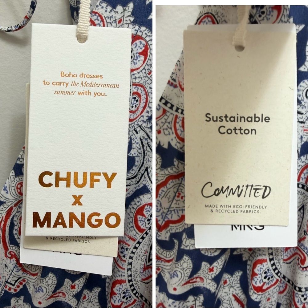 NWT Mango x Chufy Soller Boho Maxi Tiered Dress Puff Sleeve Tassel Blue Red 4 - Picture 15 of 16